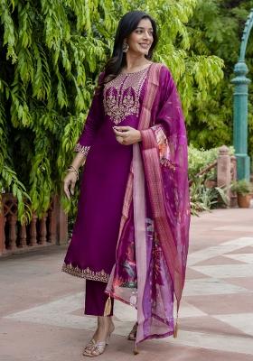 Purple Embroidered Viscose Kurta Set