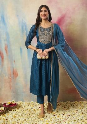 Teal Blue Embroidered Silk Kurta Set