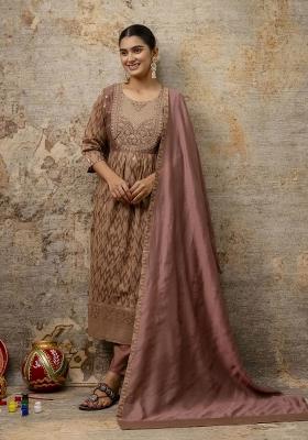 Brown Embroidered Silk Kurta Set