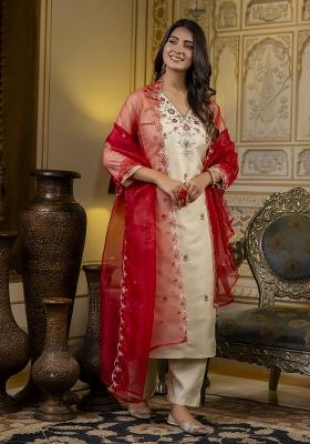 Beige Embroidered Silk Kurta Set