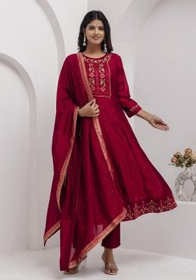 Red Embroidered Vichitra Kurta Set