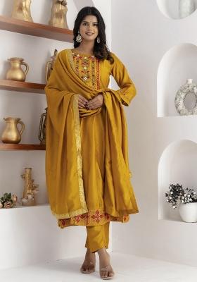 Yellow Embroidered Vichitra Kurta Set