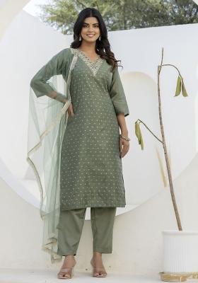 Mehendi Embroidered Silk Kurta Set