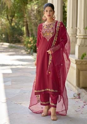 Maroon Embroidered Rayon Kurta Set