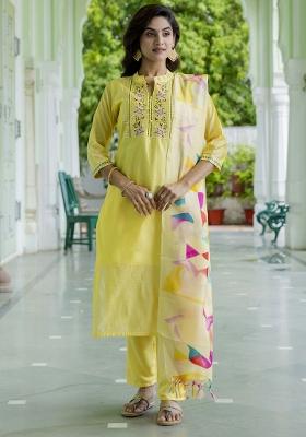 Yellow Embroidered Silk Kurta Set