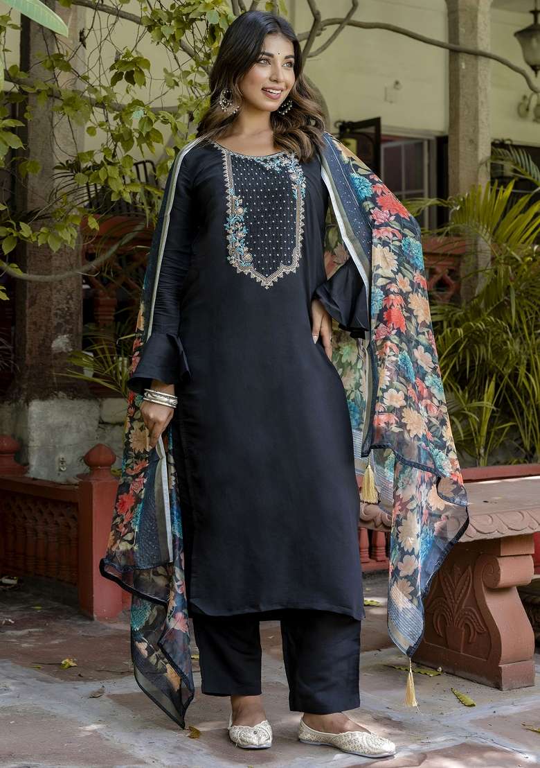 Black Embroidered Viscose Kurta Set - Indya