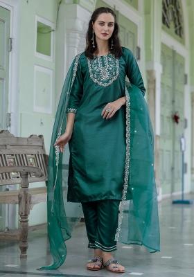 Green Embroidered Silk Kurta Set