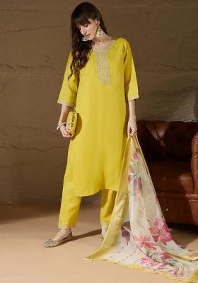 Yellow Embroidered Cotton Kurta Set