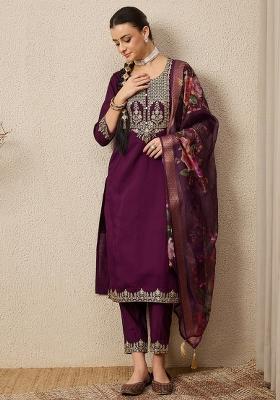 Purple Embroidered Viscose Kurta Set