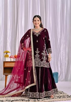Wine Embroidered Velvet Kurta Set