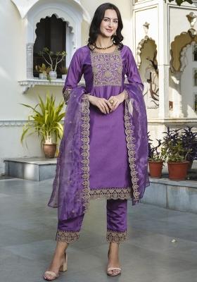Purple Embroidered Silk Kurta Set