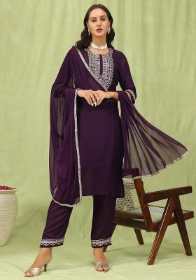 Wine Embroidered Silk Kurta Set