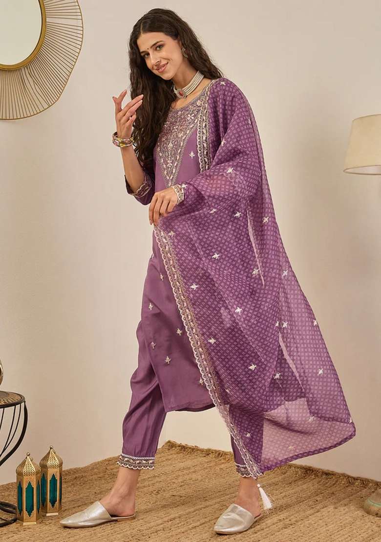 Lavender Embroidered Rayon Kurta Set - Indya