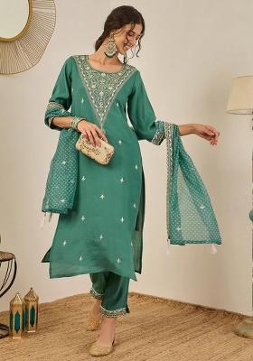 Teal Embroidered Rayon Kurta Set