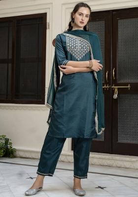 Green Embroidered Silk Kurta Set