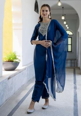 Teal Blue Embroidered Silk Kurta Set