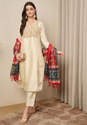 Beige Embroidered Silk Kurta Set