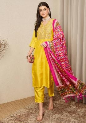 Yellow Embroidered Silk Kurta Set