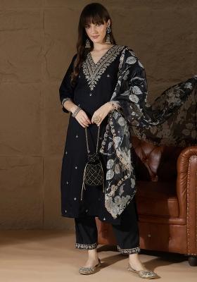 Black Embroidered Silk Kurta Set