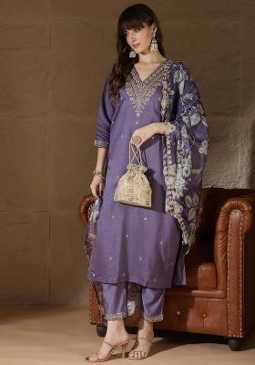 Lavender Embroidered Silk Kurta Set