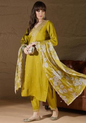 Yellow Embroidered Silk Kurta Set