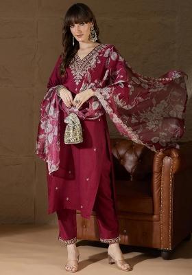 Maroon Embroidered Silk Kurta Set