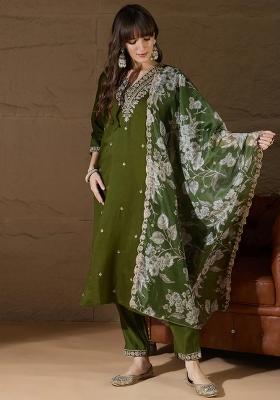 Mehendi Embroidered Silk Kurta Set