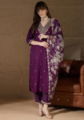 Purple Embroidered Silk Kurta Set