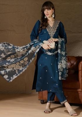 Teal Embroidered Silk Kurta Set