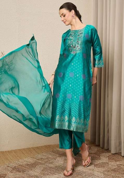 Royal Blue Embroidered Jacquard Kurta Set