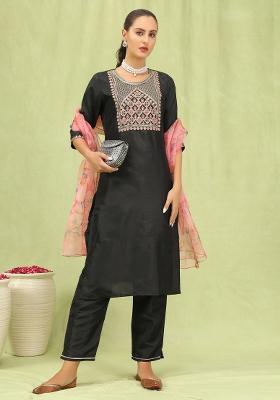 Black Embroidered Silk Kurta Set