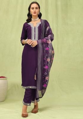 Purple Embroidered Viscose Kurta Set