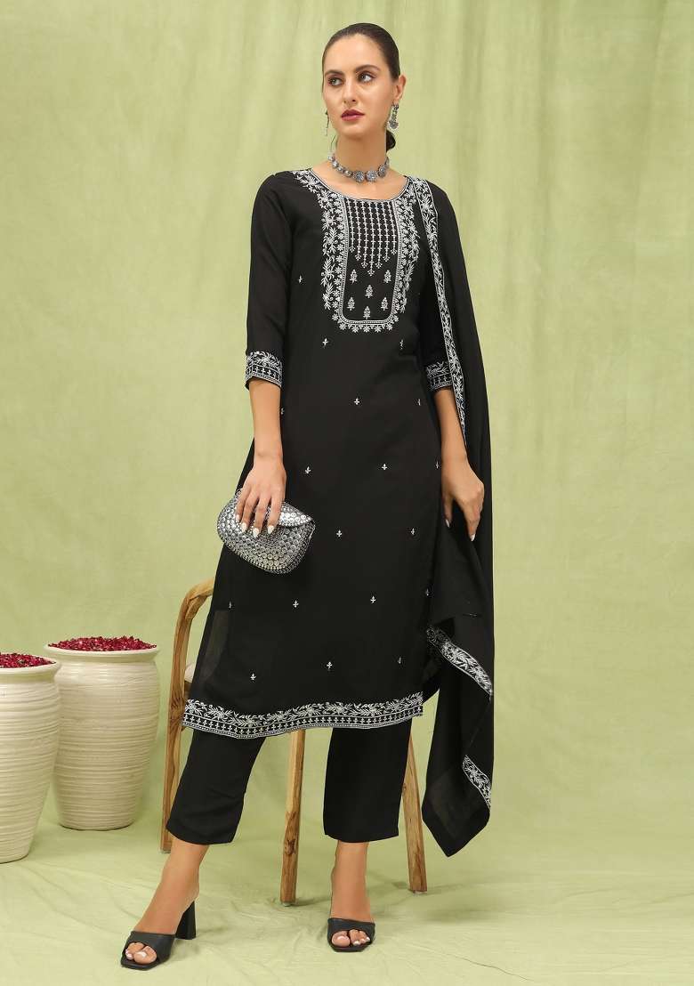 Black Embroidered Viscose Kurta Set - Indya