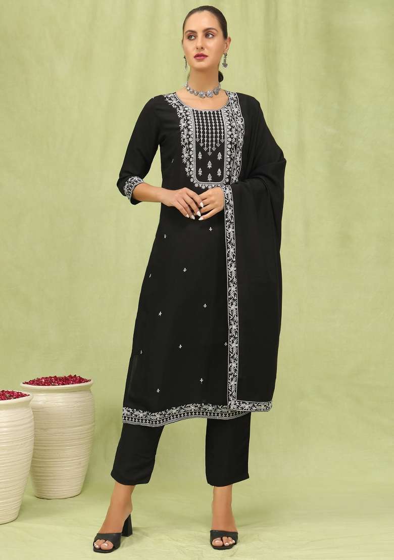 Black Embroidered Viscose Kurta Set - Indya