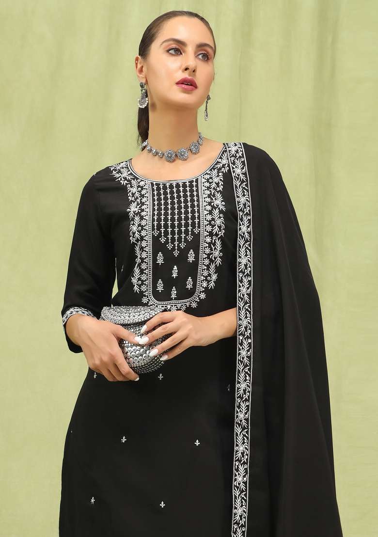 Black Embroidered Viscose Kurta Set - Indya