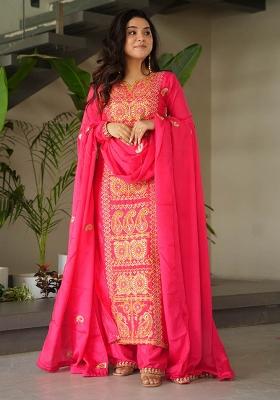 Pink Embroidered Chinon Kurta Set