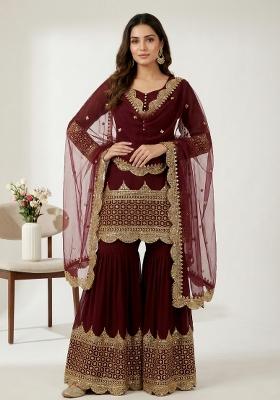 Maroon Embroidered Georgette Kurta Set