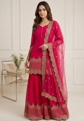 Rani Pink Embroidered Georgette Kurta Set