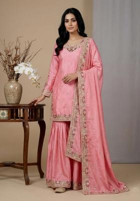 Pink Embroidered Chinon Kurta Set