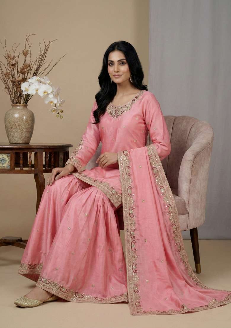 Pink Embroidered Chinon Kurta Set - Indya