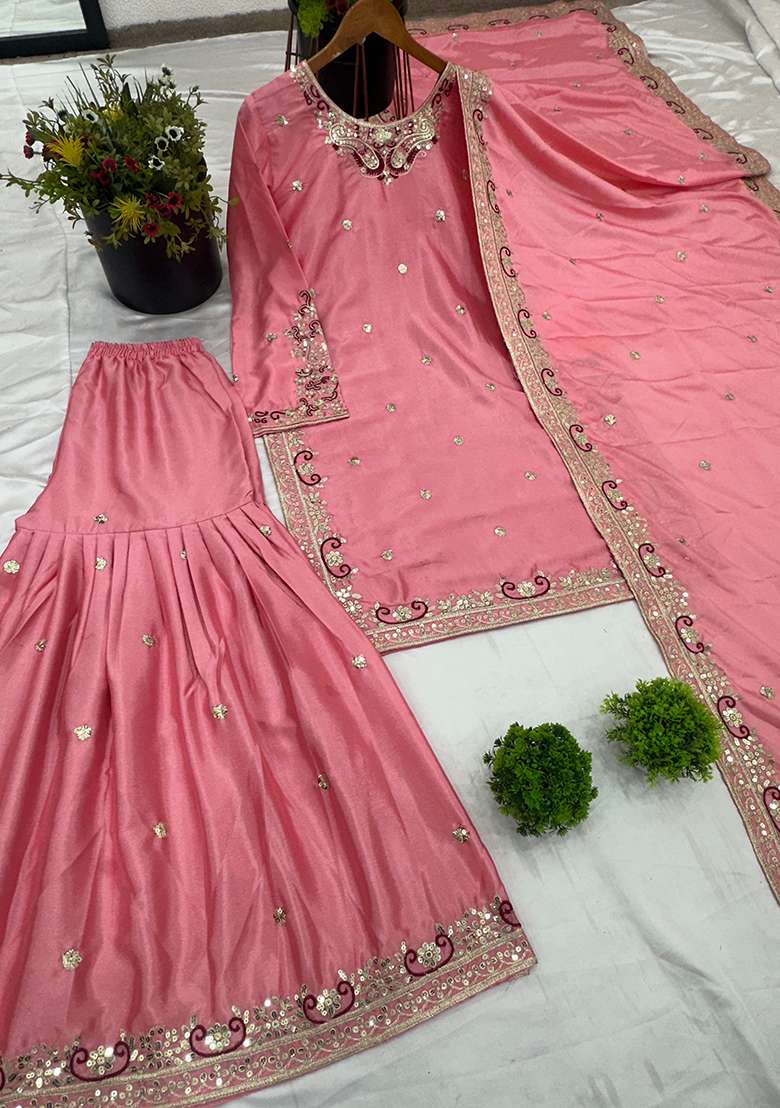 Pink Embroidered Chinon Kurta Set - Indya