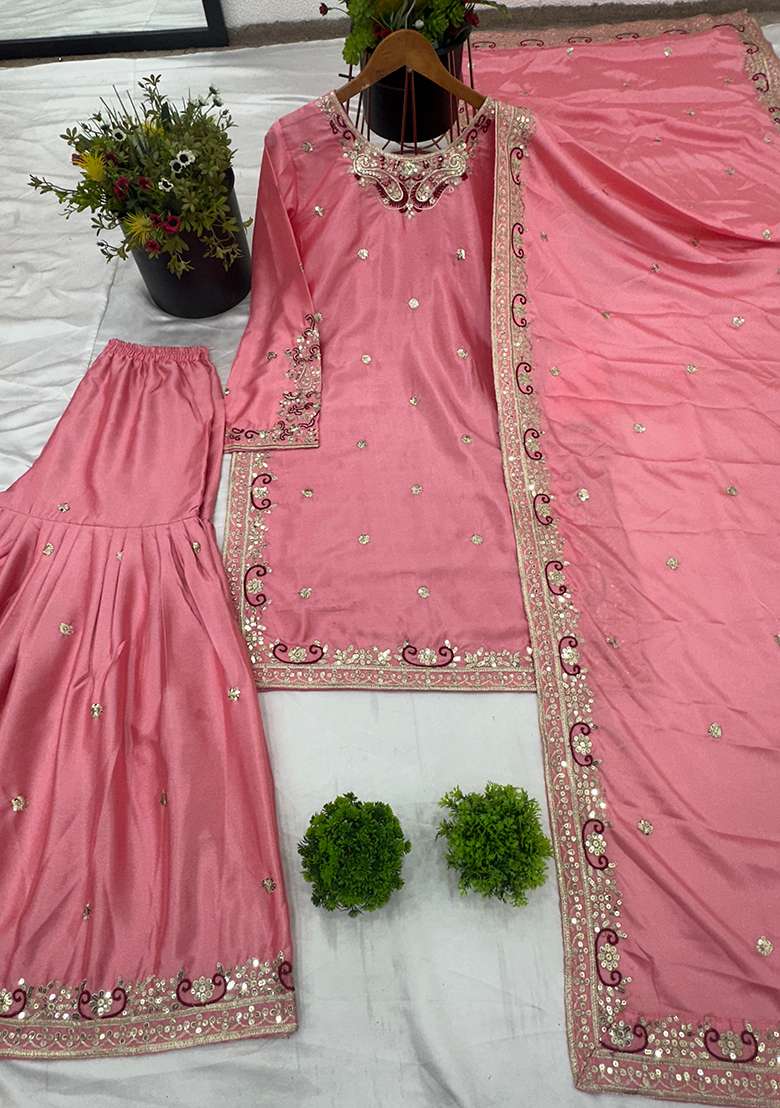 Pink Embroidered Chinon Kurta Set - Indya
