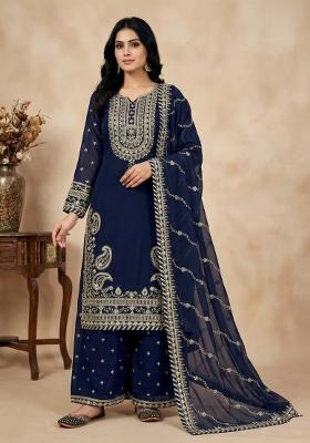 Navy Blue Embroidered Georgette Kurta Set