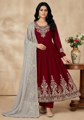 Maroon Embroidered Georgette Kurta Set