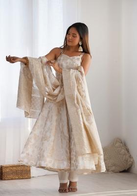 Cream Embroidered Silk Kurta Set