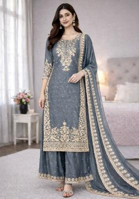 Grey Embroidered Silk Kurta Set