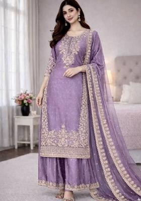 Lavender Embroidered Silk Kurta Set