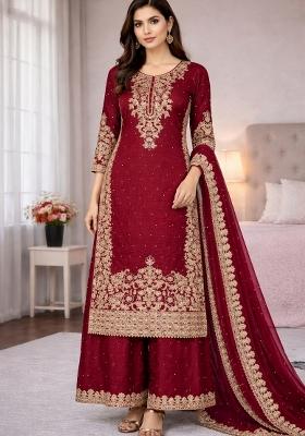 Maroon Embroidered Silk Kurta Set