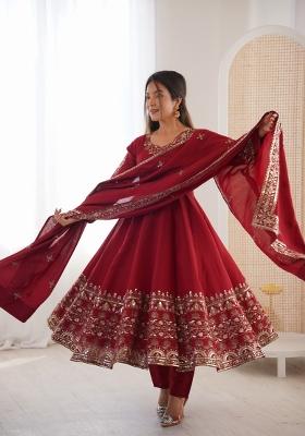 Maroon Embroidered Silk Kurta Set