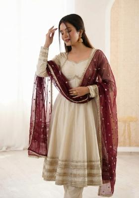 Cream Embroidered Silk Kurta Set